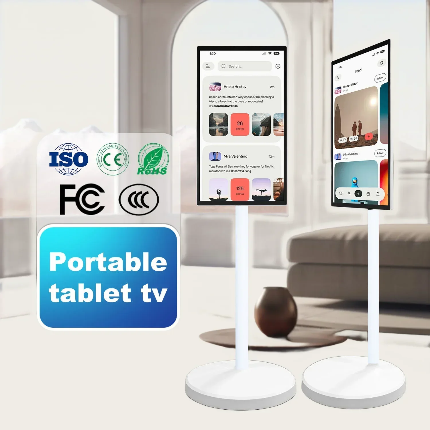 

27" Flat Curved TV Tilting and Rotating Portrait to Landscape Height Adjustable Portable TV Standing with Wheels for Home/Office