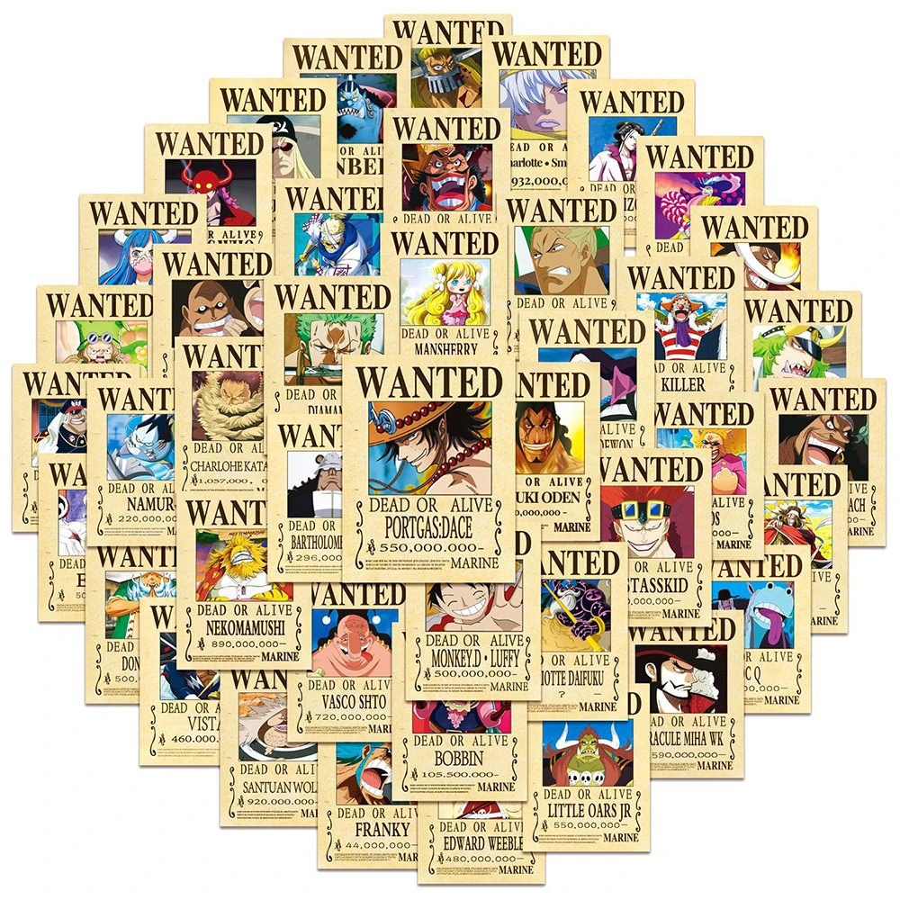 10/30/50pcs One Piece Stickers Wanted Posters Anime Decals Graffiti DIY Motorcycle Skateboard Laptop Fridge Phone Car Kids Toys