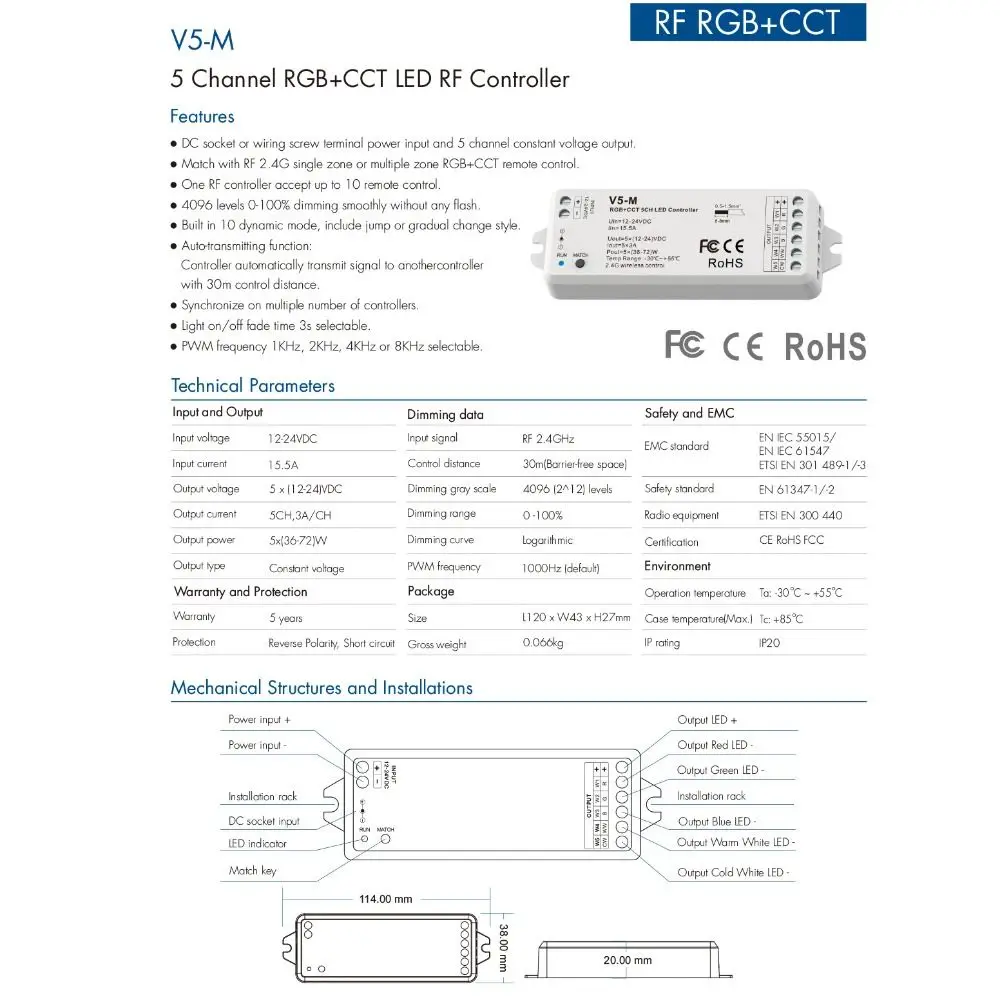 

Professional Constant Voltage LED Controller DC12-24V RF2.4GHz Light Strip Driver PWM DIM/CCD/RGB LED Dimmer Home