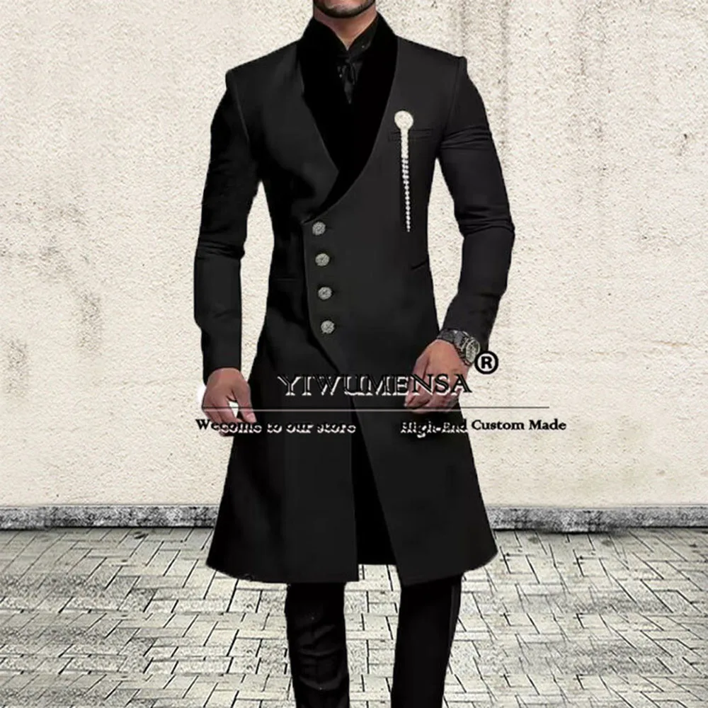 African Groom Tuxedo Long Coat Pants 2-Piece Black Velvet Lapel Prom Blazer Custom Made Business Formal Party Suits Men Slim Fit