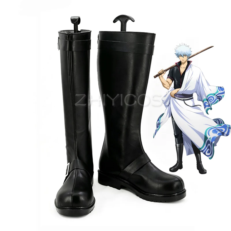 

ZHIYICOS Anime Gintama Sakata Gintoki Cosplay Shoes Black Leather Long Boots Zipper up Carnival Halloween Shoes for Men Women