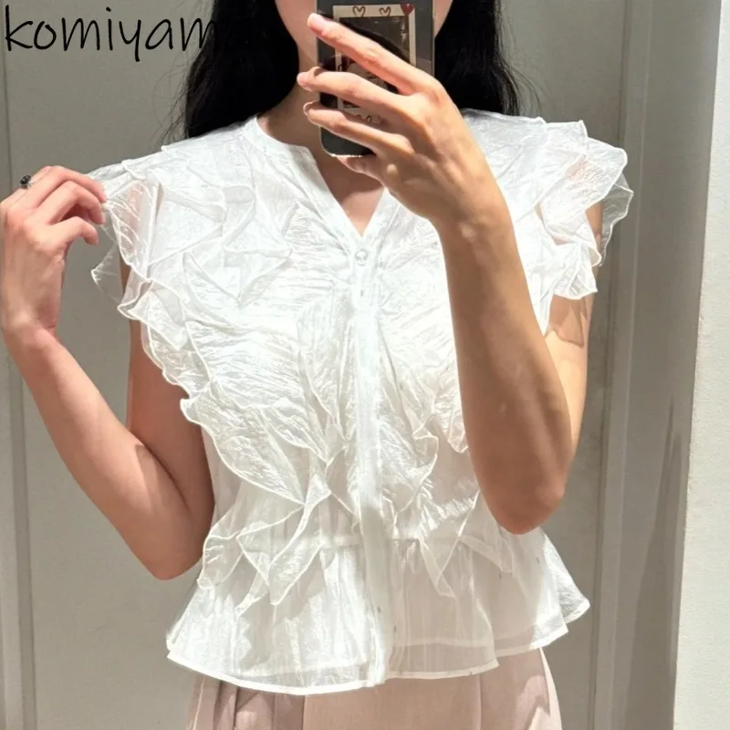 

Fairy tunic Camisas Ruffles Spliced Woman 2025 Shirts Blouses Japan Blusas V-neck Single Breasted Ropa Mujer Summer New Clothing