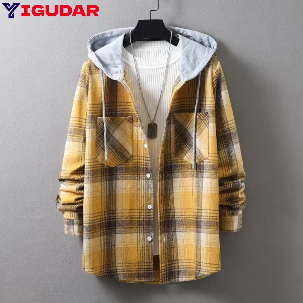 Autumn Winter Men Jackets Harajuku Plaid Shirts Coats Hooded Long Sleeve Basic Casual Shirts Jackets European ropa hombre