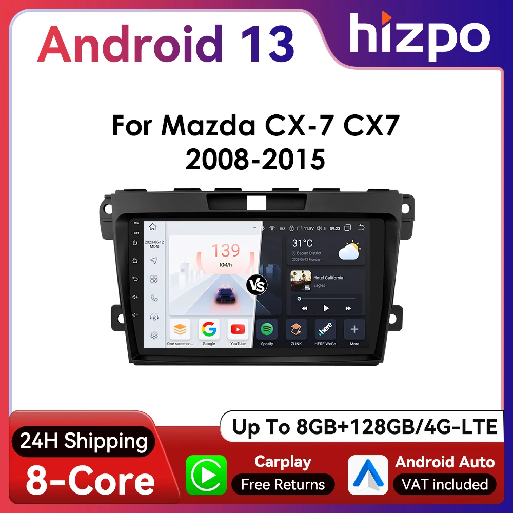 Hizpo 9inch 2Din Android Auto Car Radio for Mazda CX7 CX-7 2008 - 2015 UI7862 Multimedia SWC GPS RDS DSP 4G BT CarPlay