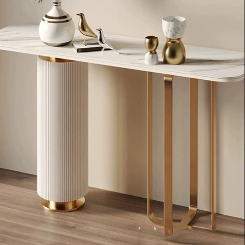 Italian rock slab entrance table against the wall metal frame entrance platform