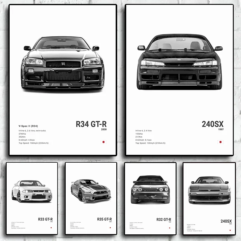 Pop blanco y negro Japón coches de lujo Super deporte coche cartel estético R34 Gtr 240sx impresión en lienzo para arte de pared decoración de la habitación de garaje
