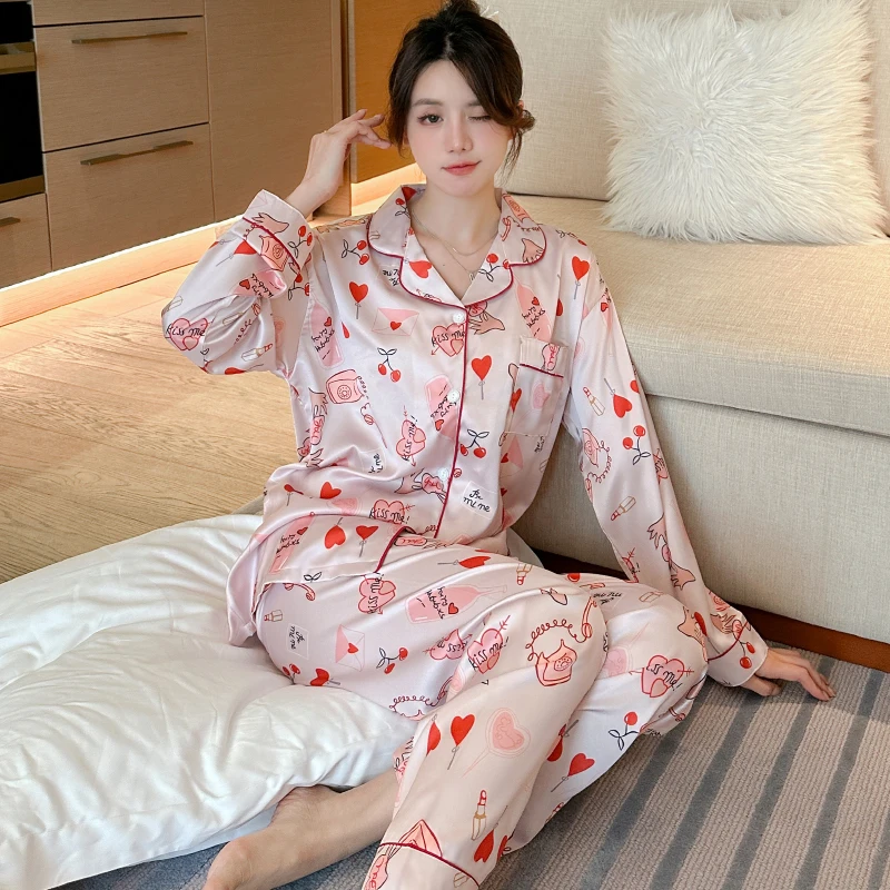 Cherry Pink Heart Sweet Women\'s 2pcs Home Pajamas Korean Ins Style Cartoon Print Sleep Loungewear 2024 New Summer Y2k House Sets