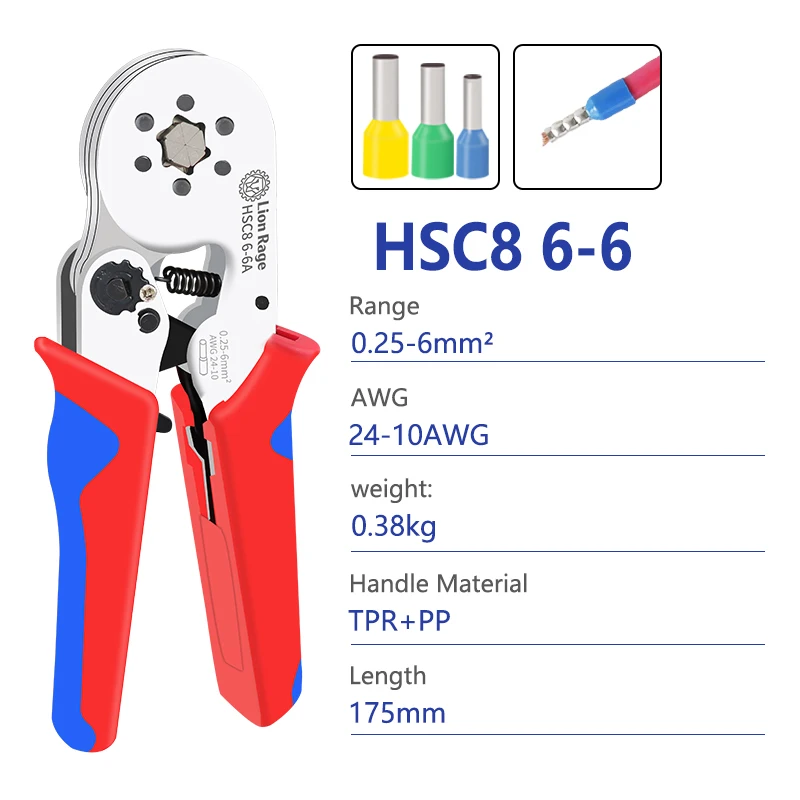 Wire clamp crimping tool HSC8 6-6 0.25-6.0mm ² AWG24-10 Hexagon Ferrule Crimping Tool Self Adjusting Ratchet Crimping Tool