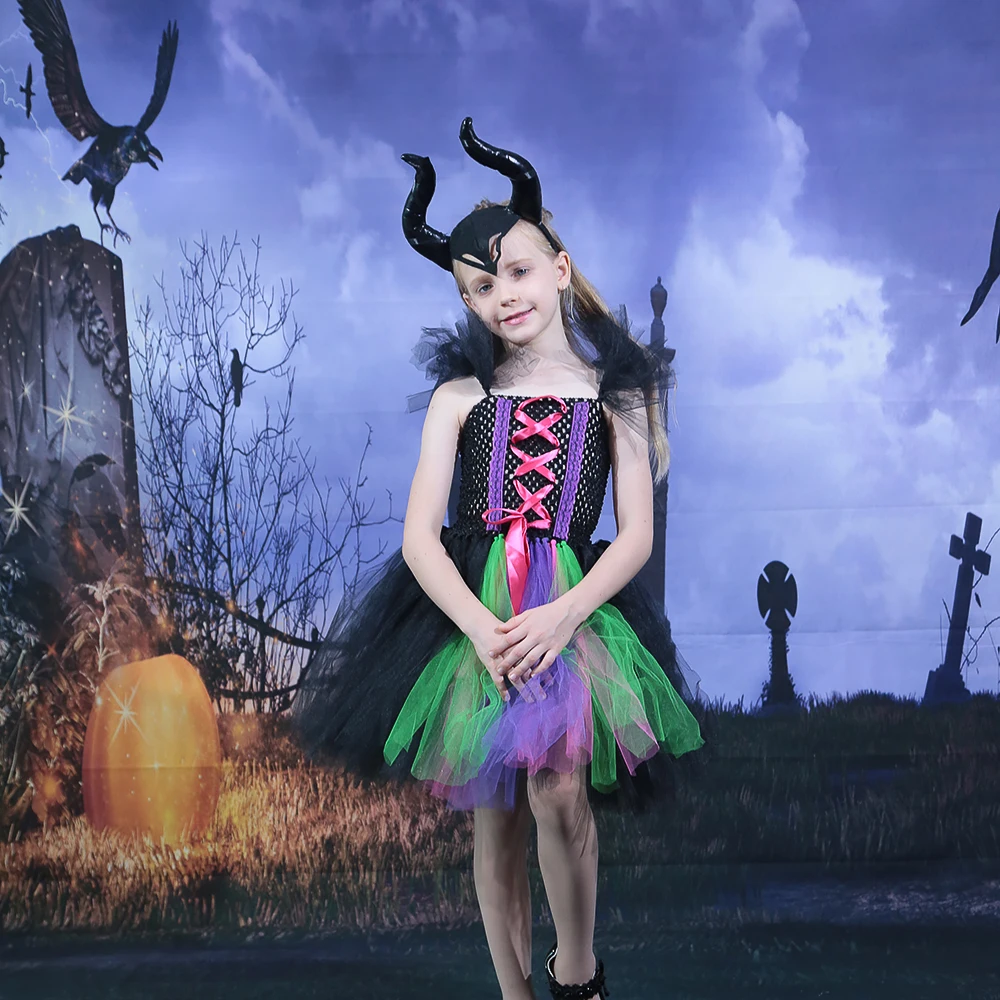 

Colorful Witch Girls Halloween Costume Tutu Dress Villain Kids Cosplay Party Dresses Fancy Dress for Children Carnival Purim