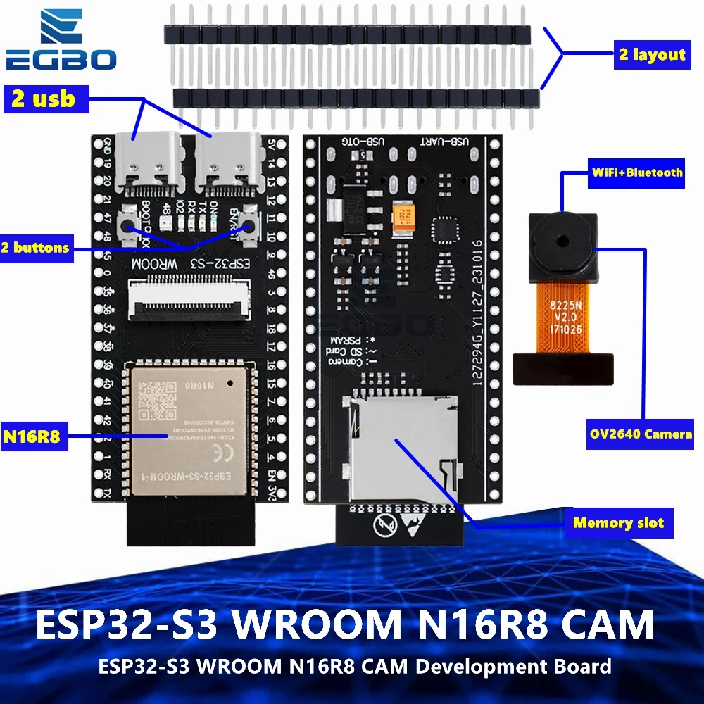 ESP32-S3 WROOM N16R8 CAM Development Board WiFi+Bluetooth Module OV2640 Camera