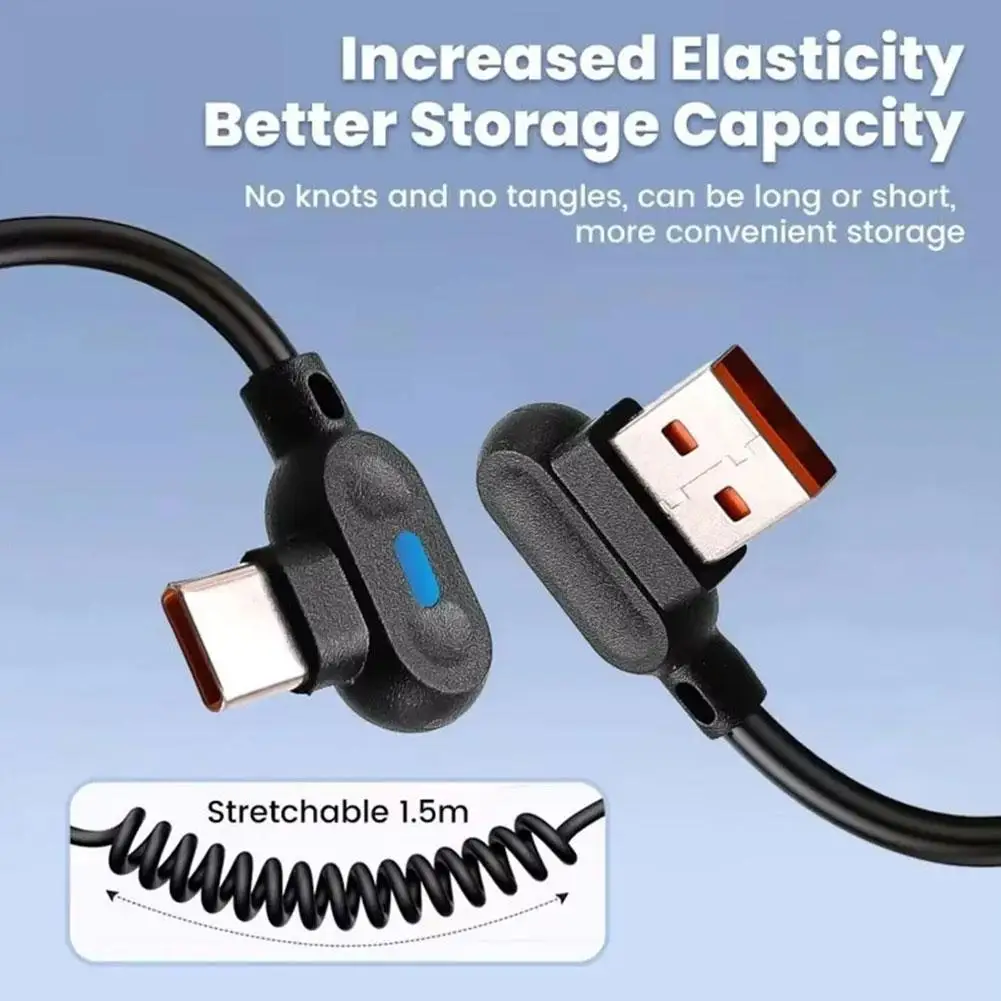 100W Double Bend Spring Super Phone Fast Charging Data Cable 6A Universal For USB To Type-C Mobile Phone Luminous Charging Cable