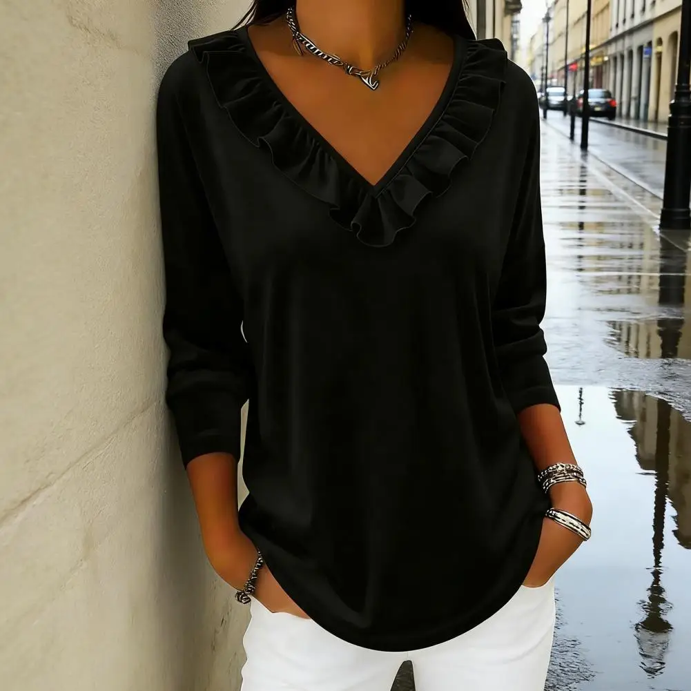 

Женская повседневная блузка с V-образным вырезом, оборками, свободного кроя, черная, с длинным рукавом, из шифона, для женщин, Ropa De Mujer