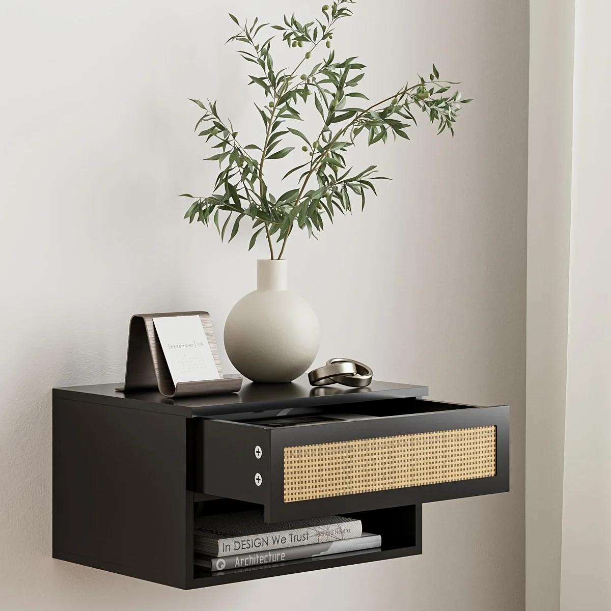 

Floating Rattan Nightstand, Small Modern Floating Nightstand with Drawers, Floating Shelves for Bedroom, Bathroom
