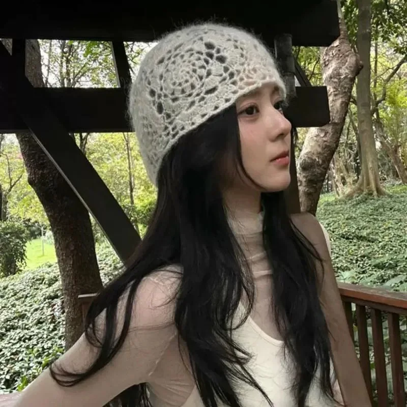 

Korean Handmade Crochet Mesh Breathable Pullover Hat Spring and Autumn Literary Knitted Short-brimm Skull Beanie Caps for Women