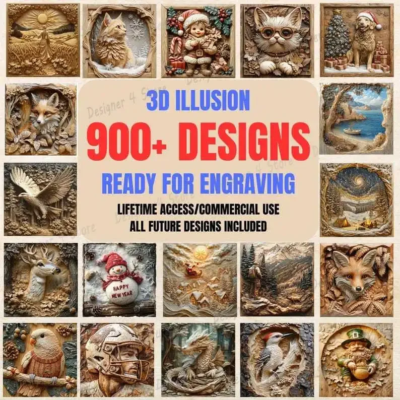 3D Illusion Bundle Laser Ready Files Engraving PNG Wood Burn Board Coaster Tray Xmas Diode CNC CO2 Lightburn Glowforge Gift