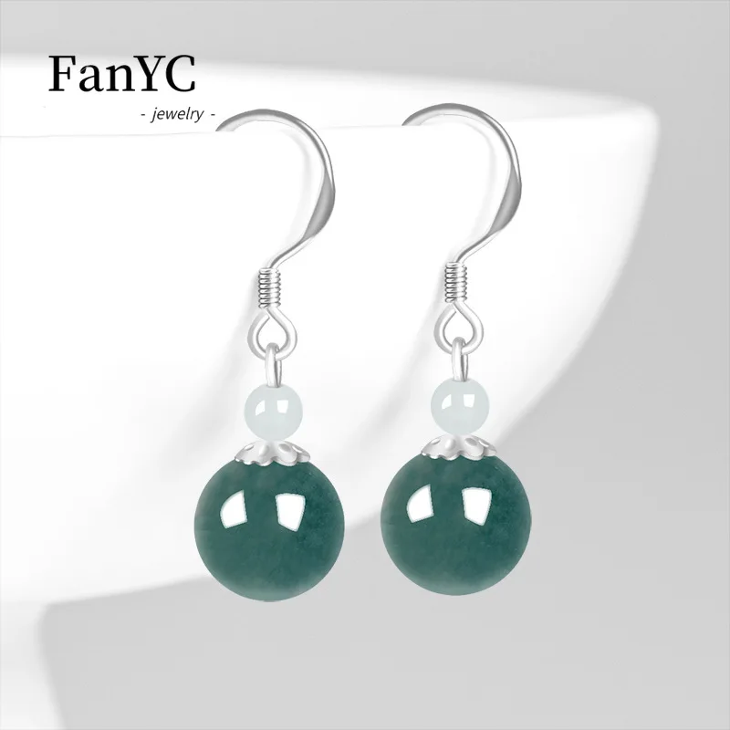 S925 Silver Inlaid Natural Jadeite Blue Water Round Bead Earrings High-grade Luxury Ice Jade Earrings Ladies Gift Souvenirs