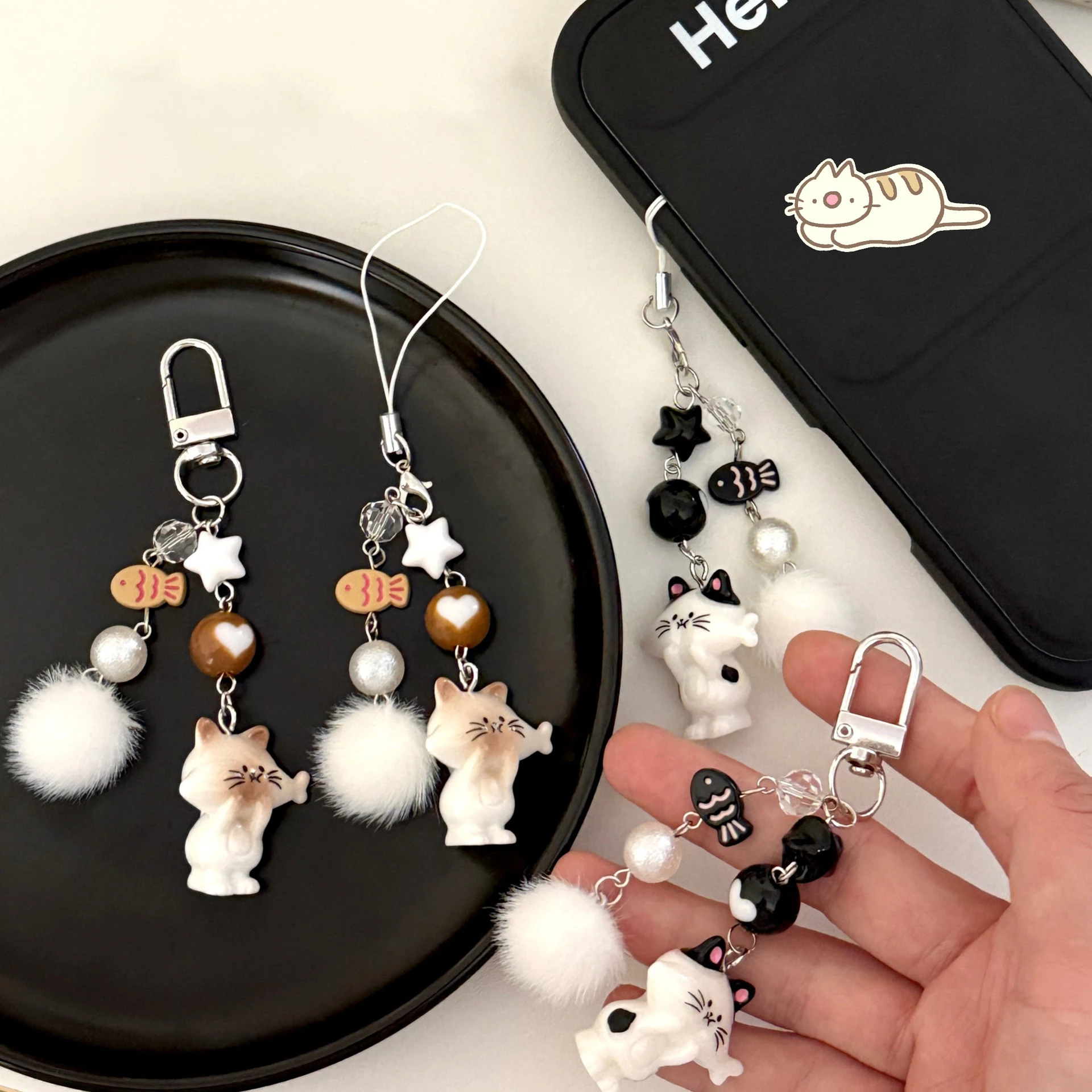 1/4 Stück süße Katze Handykette Anhänger Mädchen vielseitiger Schlüsselanhänger Haarball Perlen Anhänger Rucksack Anhänger