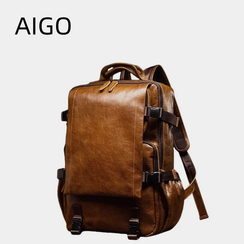 AIGO High Quality Genuine Leather Backpack Men Bagpack Student School Bag Backpack Daily Male Rucksack Large Knapsack Mochila