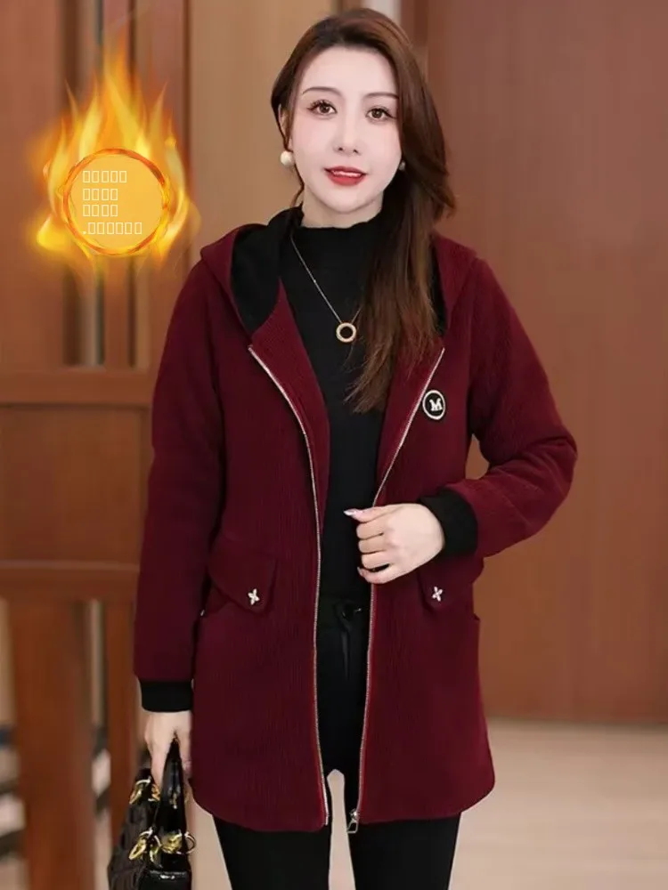 

Утепленная зимняя куртка из флиса с капюшоном, модное теплое хлопковое пальто для женщин среднего и старшего возраста, универсальная модель на осень-зиму