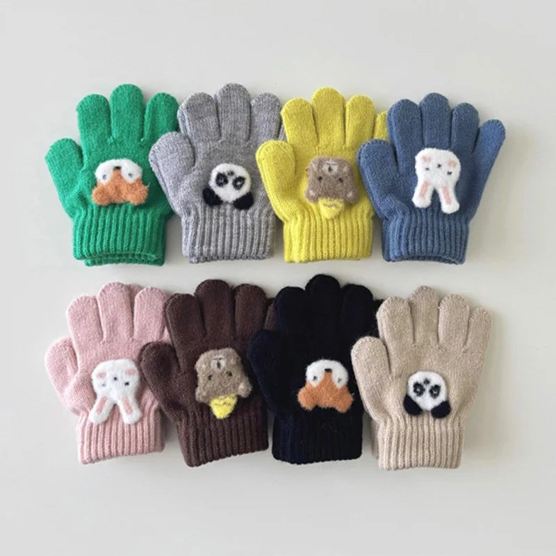 3-6 Years Children's Gloves Knitted Warm Cartoon Super Cute Five-finger Gloves Autumn Winter Solid Fashion Girls Boys Gloves