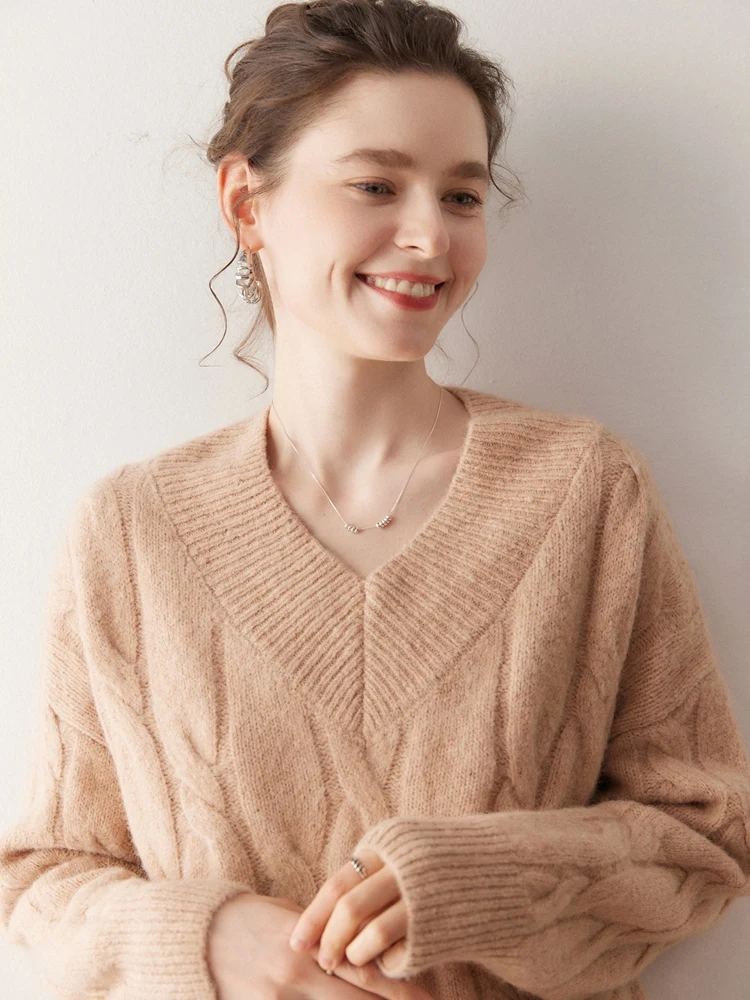 Roupas femininas 100% suéter de caxemira de alta qualidade outono inverno pulôver com decote em v grosso macio roupas básicas malhas de caxemira tops