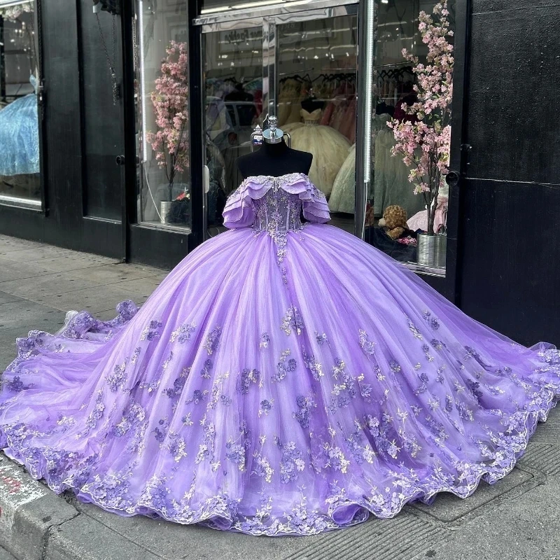 

Lavender Shiny Vestidos De 15 Años Quinceanera Dresses 2024 Lace Applique Tull Sequin Off The Shoulder Sweet 16 Prom Gowns