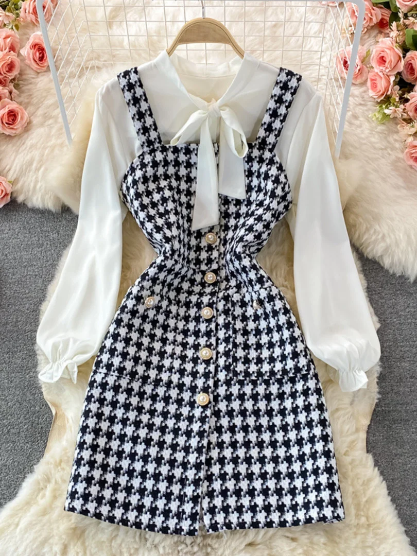 Women Two Piece Set 2022 Korean Fashion Bowtied Collar White Blouse And Spaghetti Strap Single Breasted Mini Tweed Dress Suits