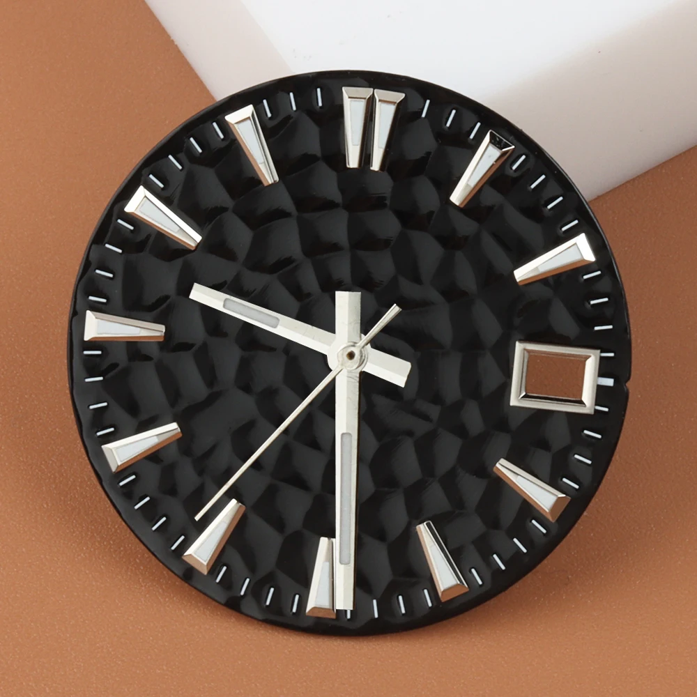 28.5mm 3D Hammer Texture Black Watch Dial Green Luminous Date Window Modification Dial Fit NH35 NH36 Movement NH35 Watch Dial