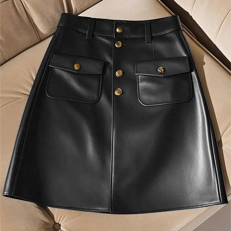 Autumn/Winter Leather Skirt, Half body  Women's  2025 Autumn New  Medium and Long Word Skirt, Hip Wrapping Skirt,