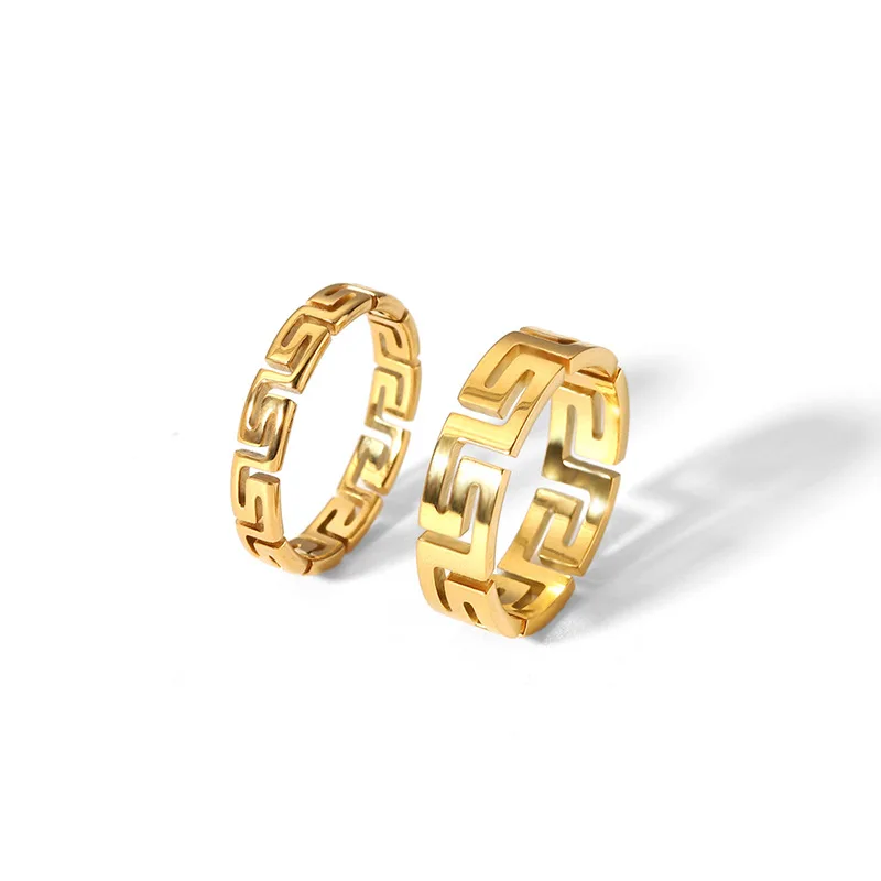 YHTOT Minimalist Gold Color Classic Greek Key Band Ring Stainless Steel Waterproof Hollow out Stackable Ring Women's Jewelry