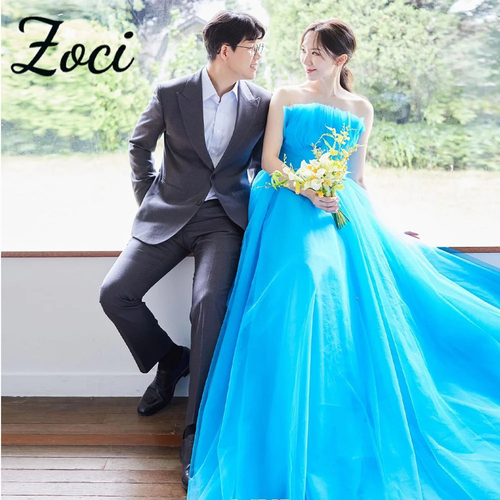 

Zoci Scalloped Blue A Line Korea Wedding Dresses Photos Shoot Pleats Tulle Formal Gowns Customized Corset Birthday Party Dress