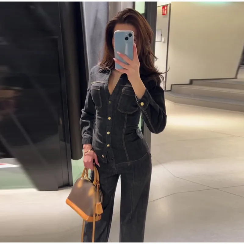 

2026 Spring Lady Outfits Street Vintage Denim Pants Sets Women Slim Long Sleeve Lapel Single Breasted Jacket Straight Trousers