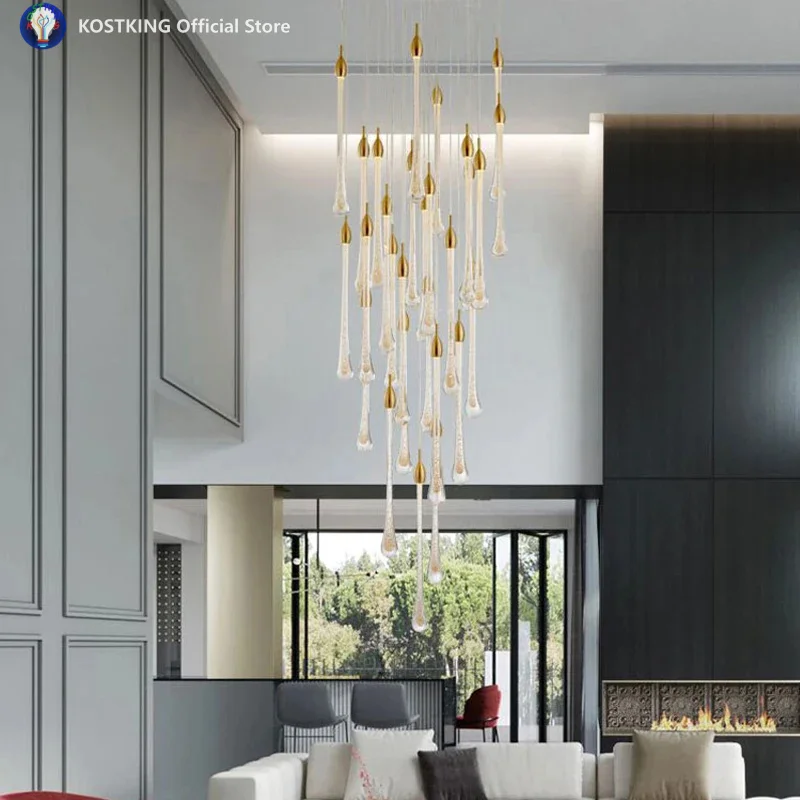 Luxury Modern Crystal Chandelier Water Drop Staircase Golden Drop Design Led Crystal Lamp Long Villa Lobby Hanging Lighting Fixt