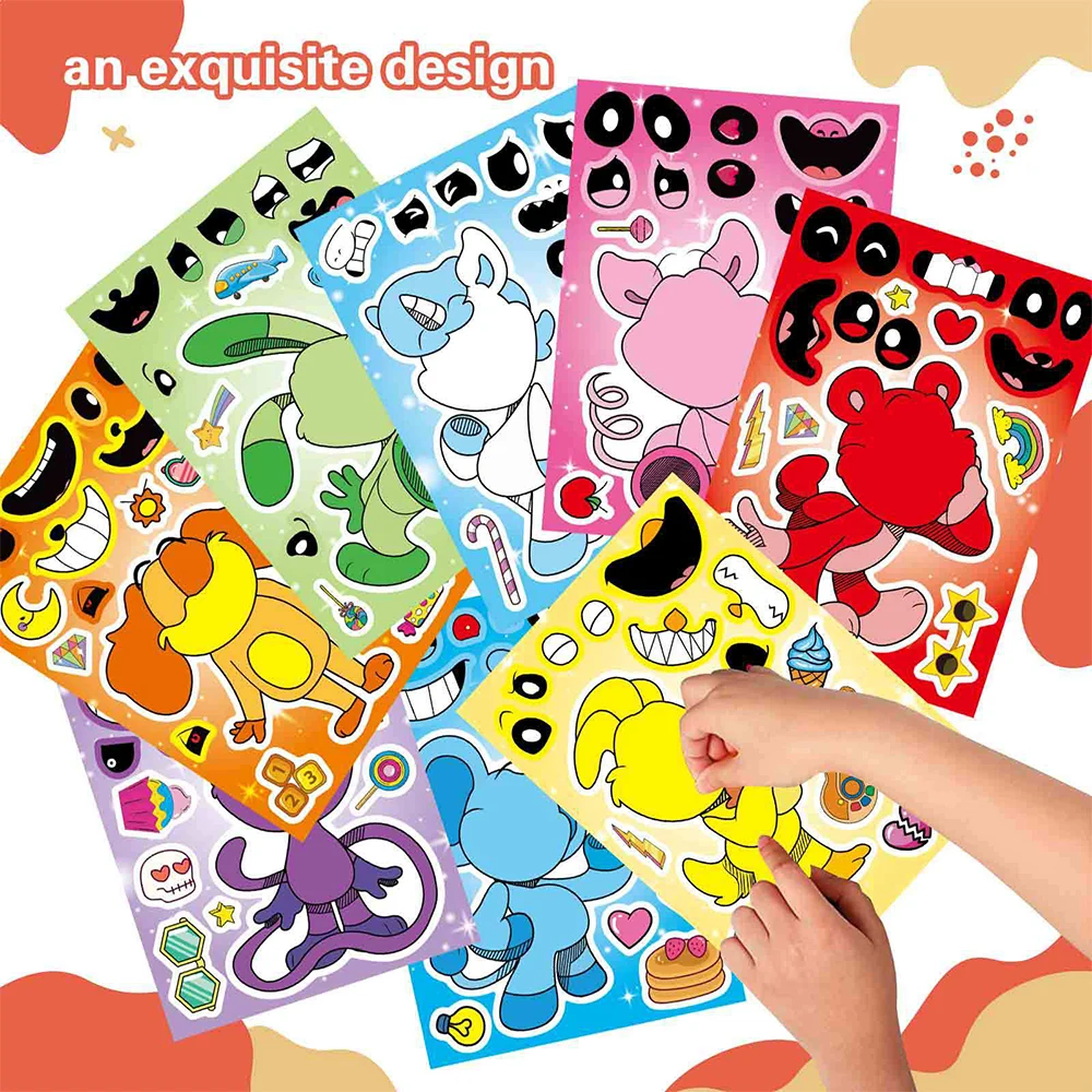 Autocollants de puzzle Anime pour enfants, faire un visage, assembler un jouet de puzzle mignon, cadeau de fête de jeu pour enfants, bricolage Kawaii, 8 feuilles, 16 feuilles