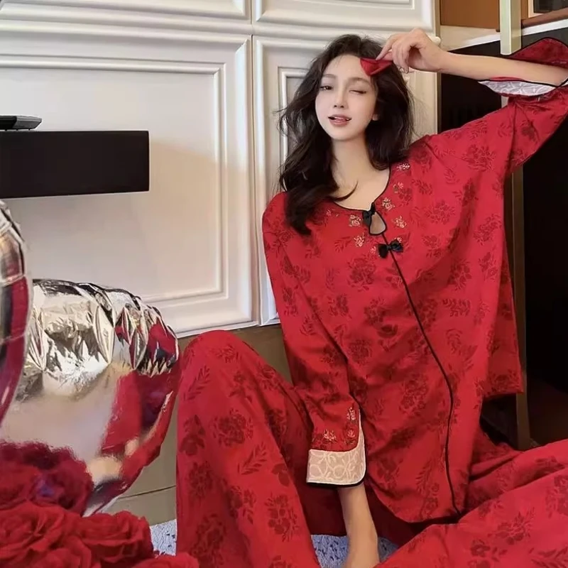 

Red Chinese Style Sleepwear Set Large Size 300 Pounds Loose Casual Home Clothes Two Pieces Men's Spring Autumn Seasonal Wear