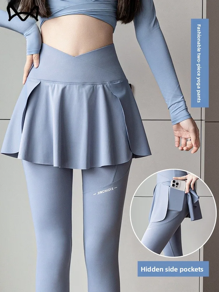 سراويل يوجا عصرية، سراويل تنورة، خصر متقاطع، رياضية مريحة مع كيتس، سراويل طويلة عالية الخصر، مزيج من البوليستر اللدنة