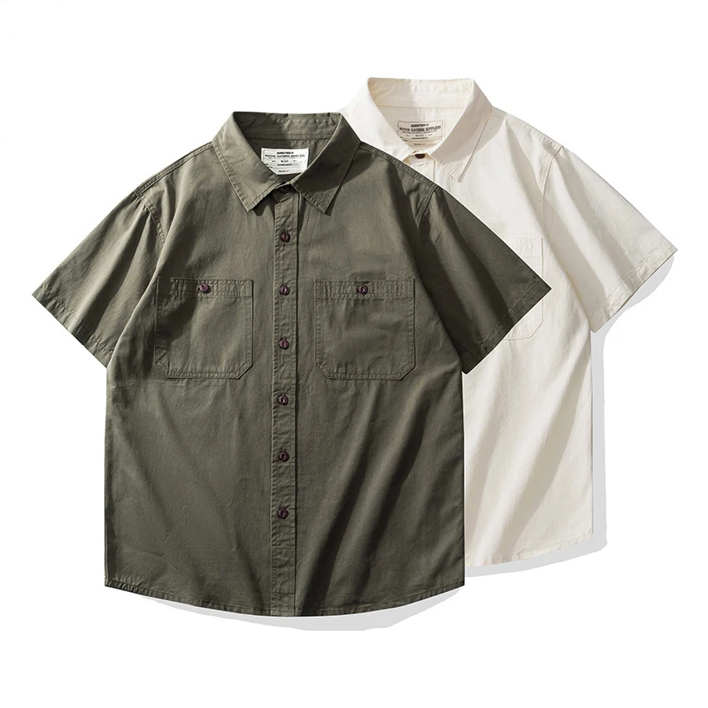 

Men's Japanese Short Sleeve Cargo Shirt, Solid Color, Simple Fashion, Engineer Casual Shirt, 100% Cotton, New, Summer