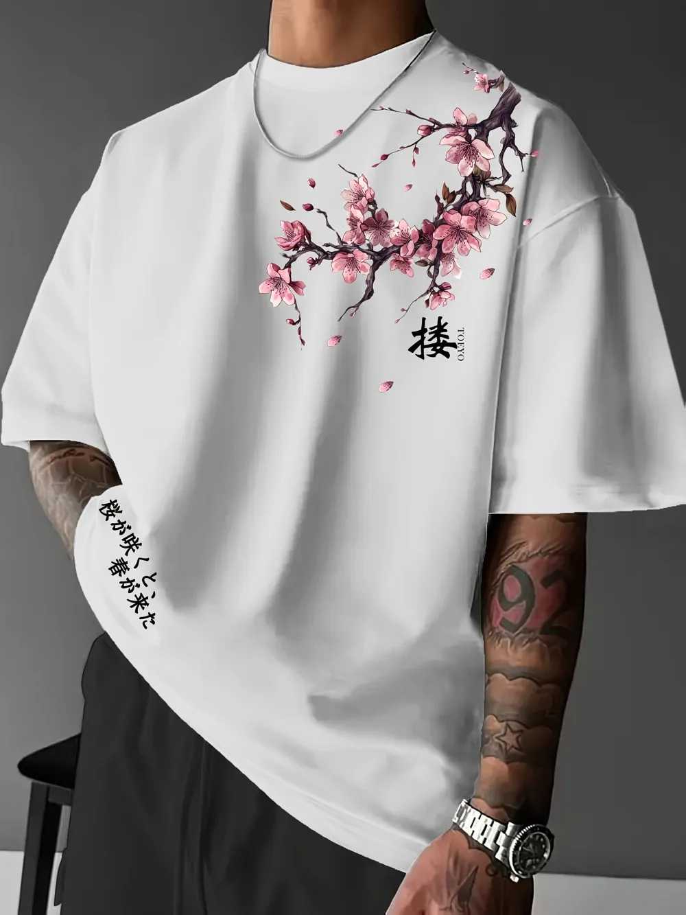 New Men's Summer Cherry Blossom Letter Printed Machine Wash Micro Elastic Breathable Round Neck T-shirt Outdoor Street Top