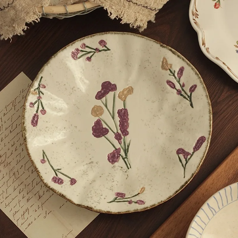 

1pc Grass and Wood Relief Home Breakfast Plate Dessert Plate Underglaze Colored Ceramic Pasta Plate