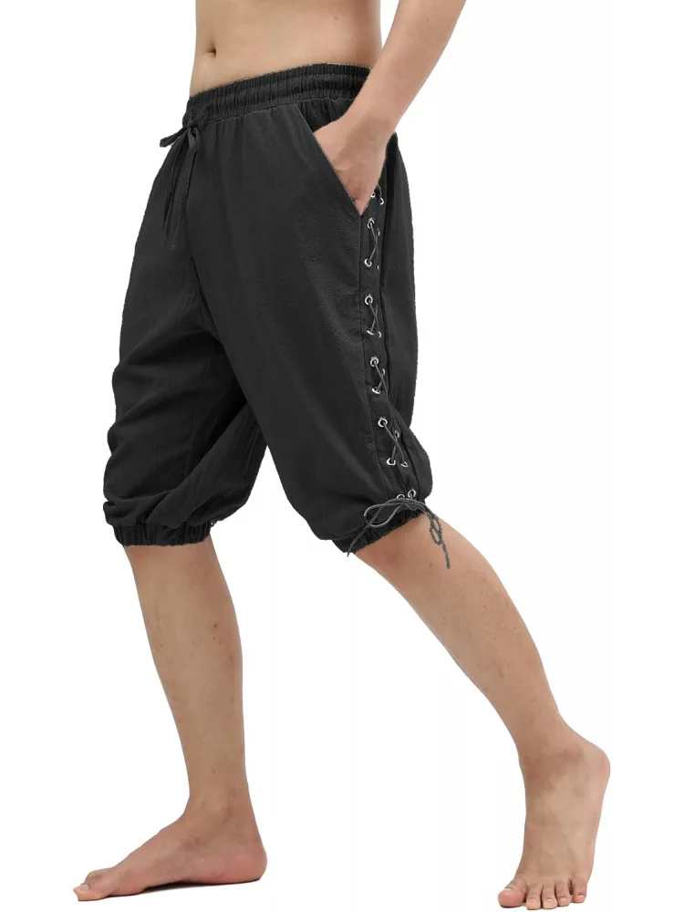 Men’s Pirate Shorts Medieval Viking Navigator Renaissance Banded Pants Gothic Linen Costume Shorts