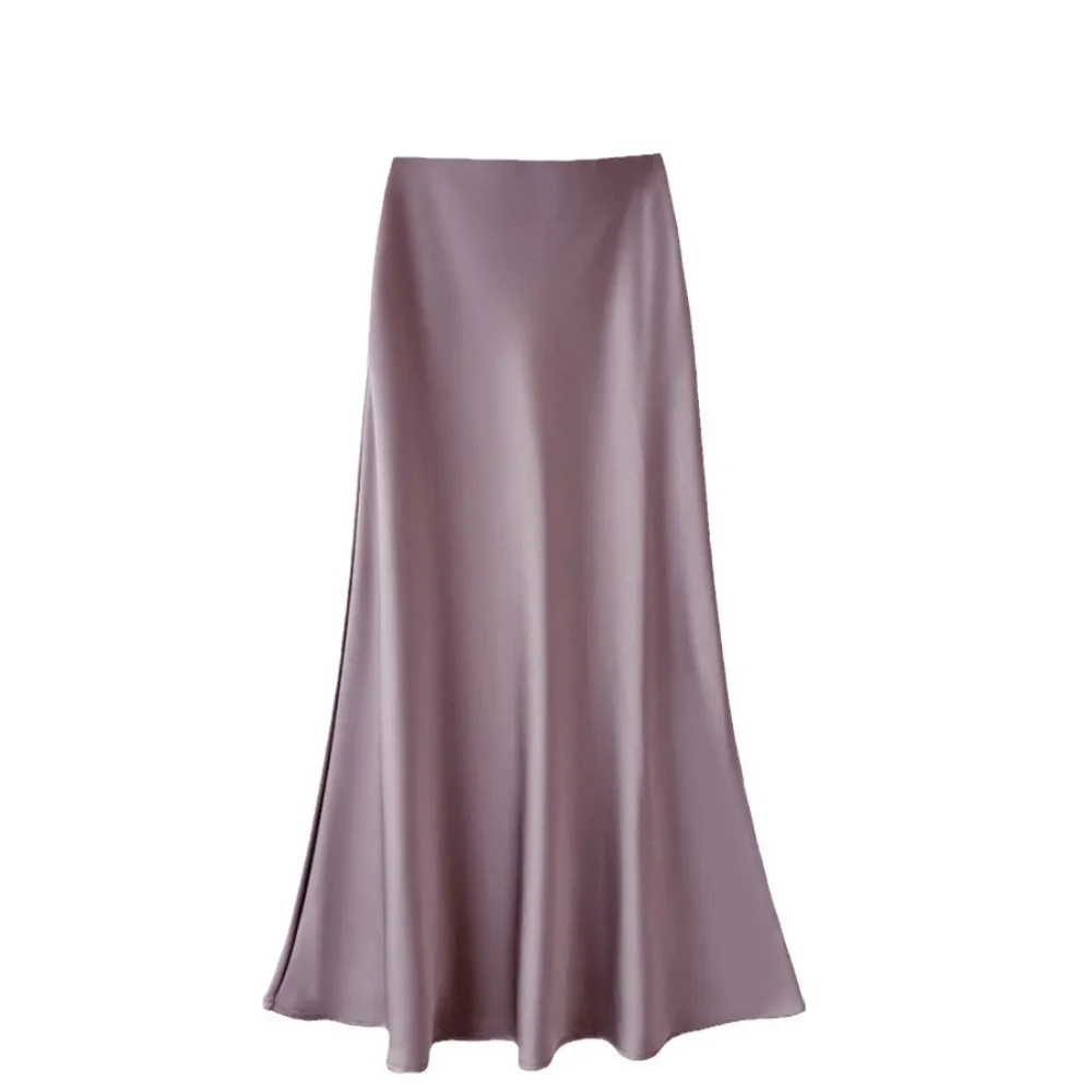 Women Fashion Spring Satin Solid Texture Midi Vintage Chic Female High Waist H Line Long Skirts Mujer Sexy Grace Dress