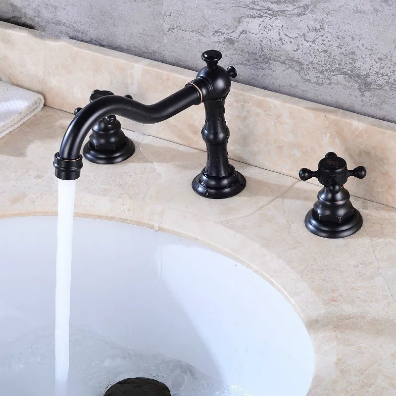 Bathtub Faucet 3 hole Black Brass Double Handle Bathroom Sink Faucet Hot And Cold Tap 3 Pcs Set Mixer Tap Garden Bathtub Taps