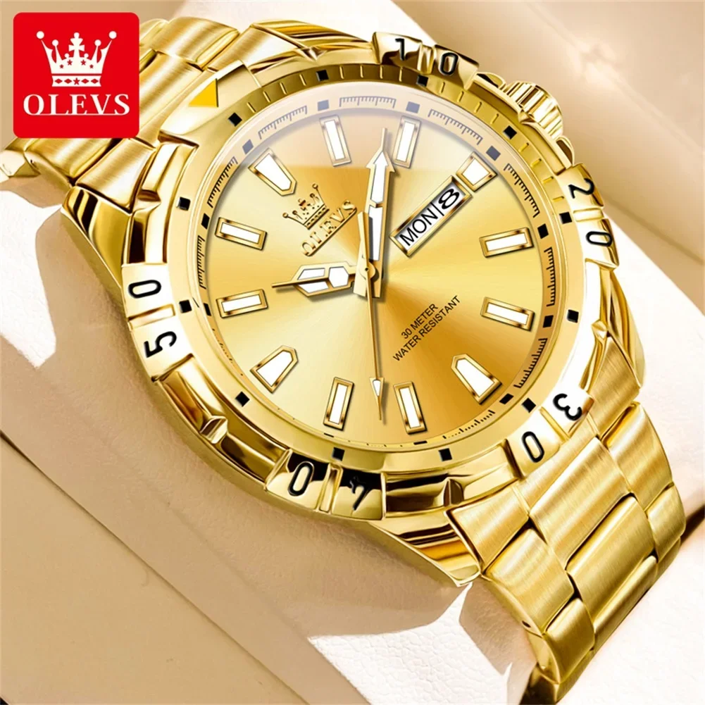 

OLEVS Original Watch for Men Diver Style Classic Quartz Business Gold Wristwatch for Man Date Week Display Waterproof Luminous