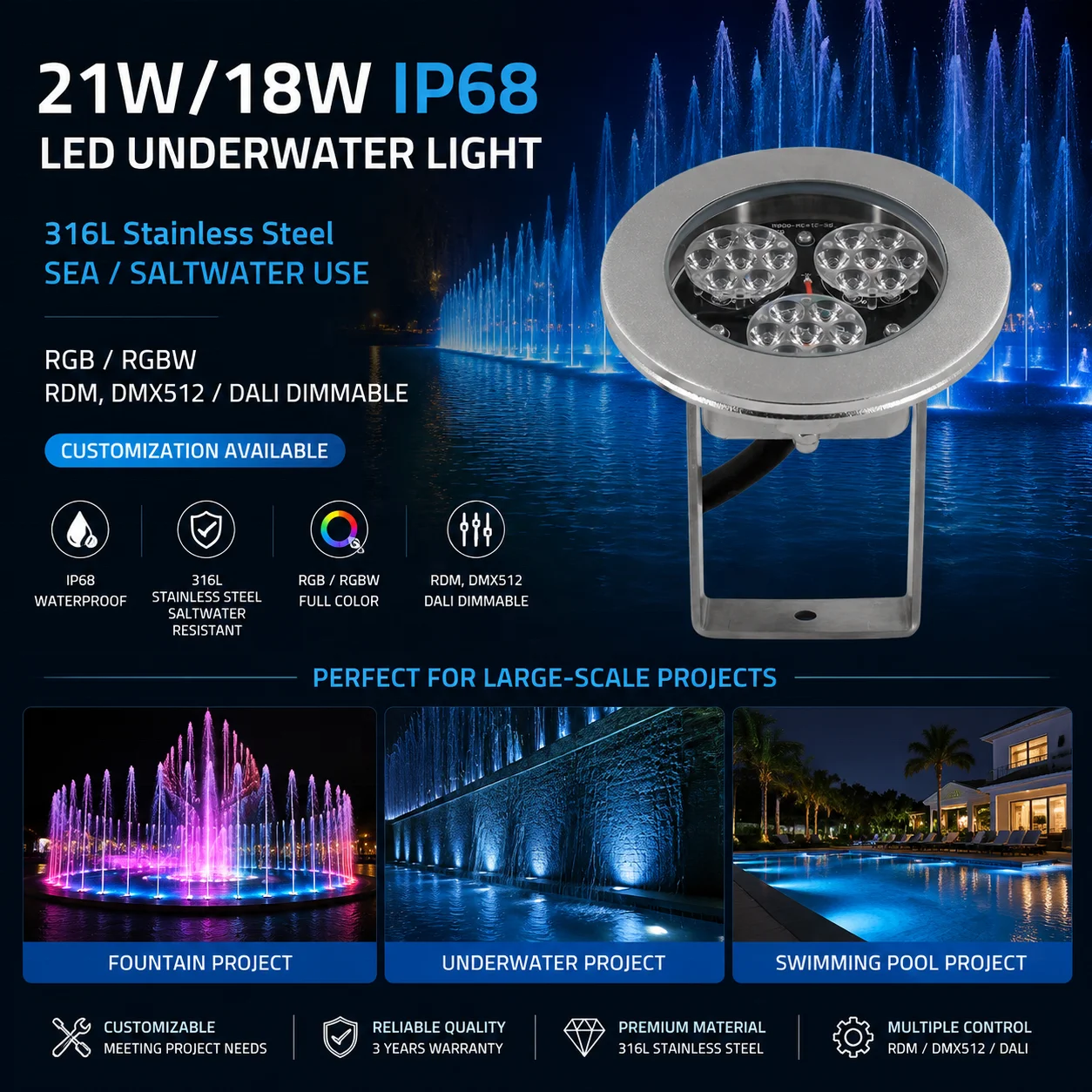 High Intensity 316 Stainless RGBW Full Color Changeable LED Boat Lights Surface Mount 12V Ocean Marine LED Underwater Lights