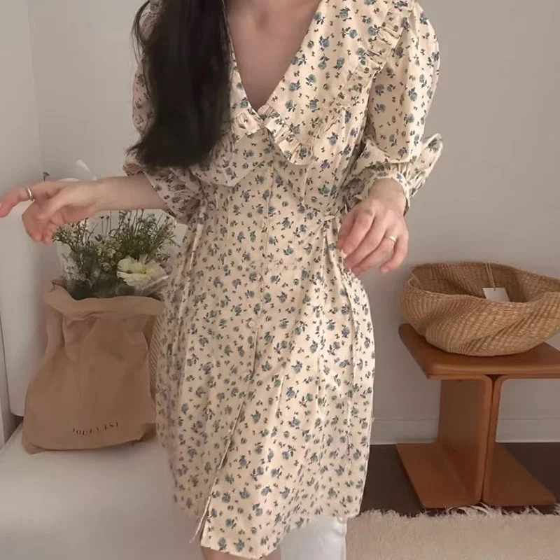 Chic été Vintage Anti-âge col de poupée côté cravate taille minceur bulle Sve imprimé fleuri Dr femmes coréennes Sle haut...