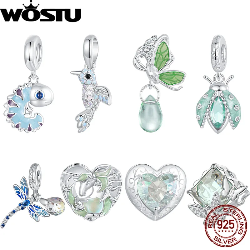 WOSTU 925 Sterling Silver Oasis Insect Pendant Enamel Green Unicorn Heart Beads Full CZ Fit Original Bracelet Fresh Jewelry Gift