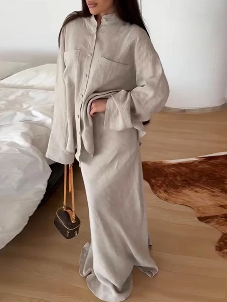 المرأة قطعتين قميص التنانير دعوى التلبيب كم كامل واحدة الصدر أعلى ثنيات تنورة طويلة الصيف سيدة جديدة السببية مجموعة