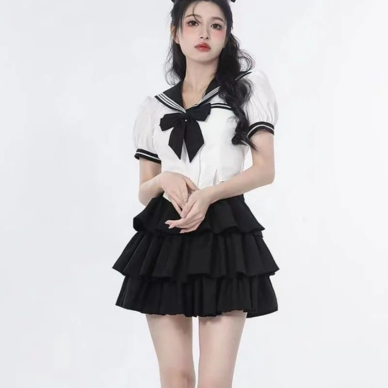 

Sweet Girl College Style Lolita Cosplay Jk Uniforms Black-collar White Shirt Bow Puffy Y2k Cake Skirt Sissy Cross-dressing COS
