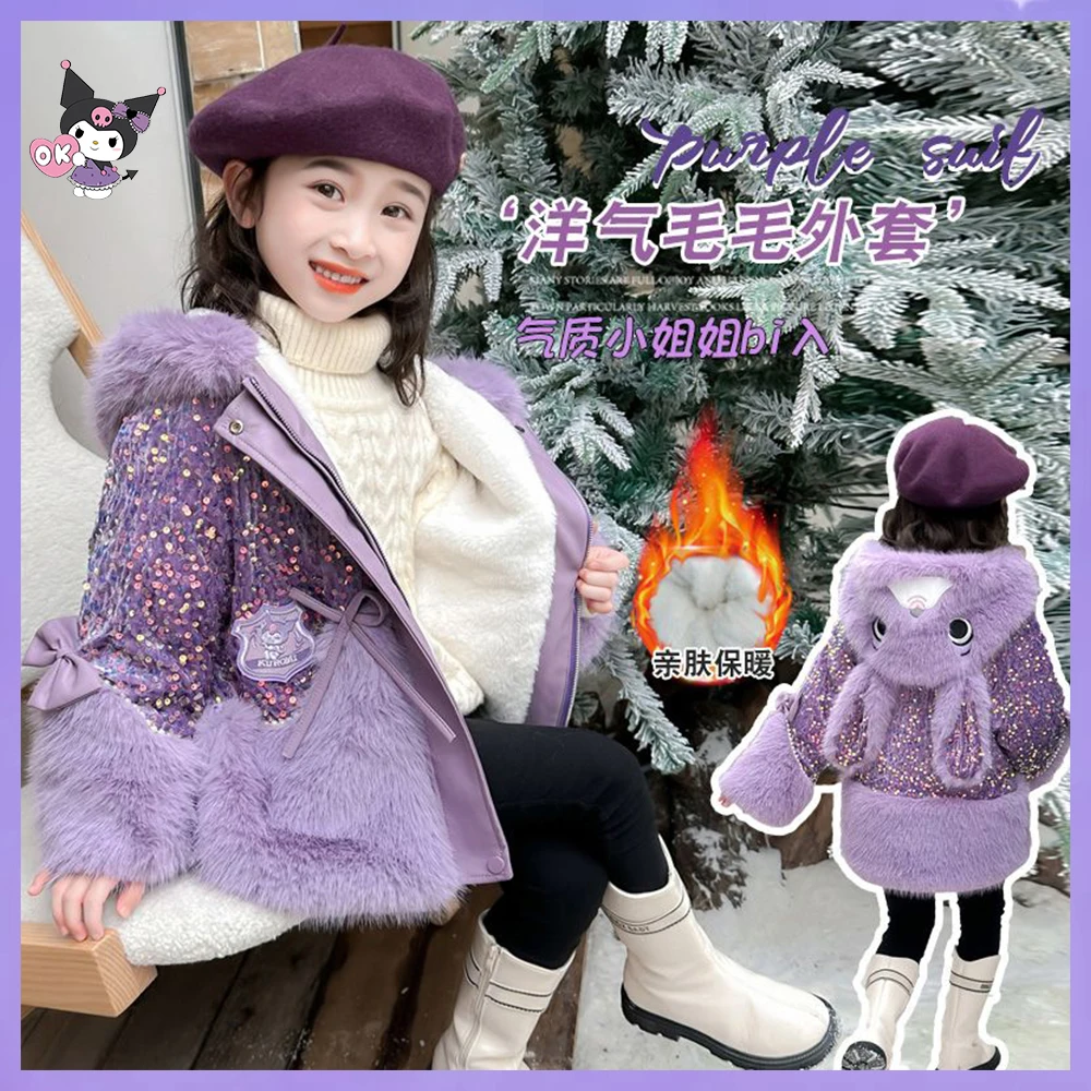 Kawaii Winter Kuromi Cinnamoroll Kids Faux Fur Jackets Anime Sanrios Sequin Jacket Girls Fashion Plush Collar Hooded Warm Jacket