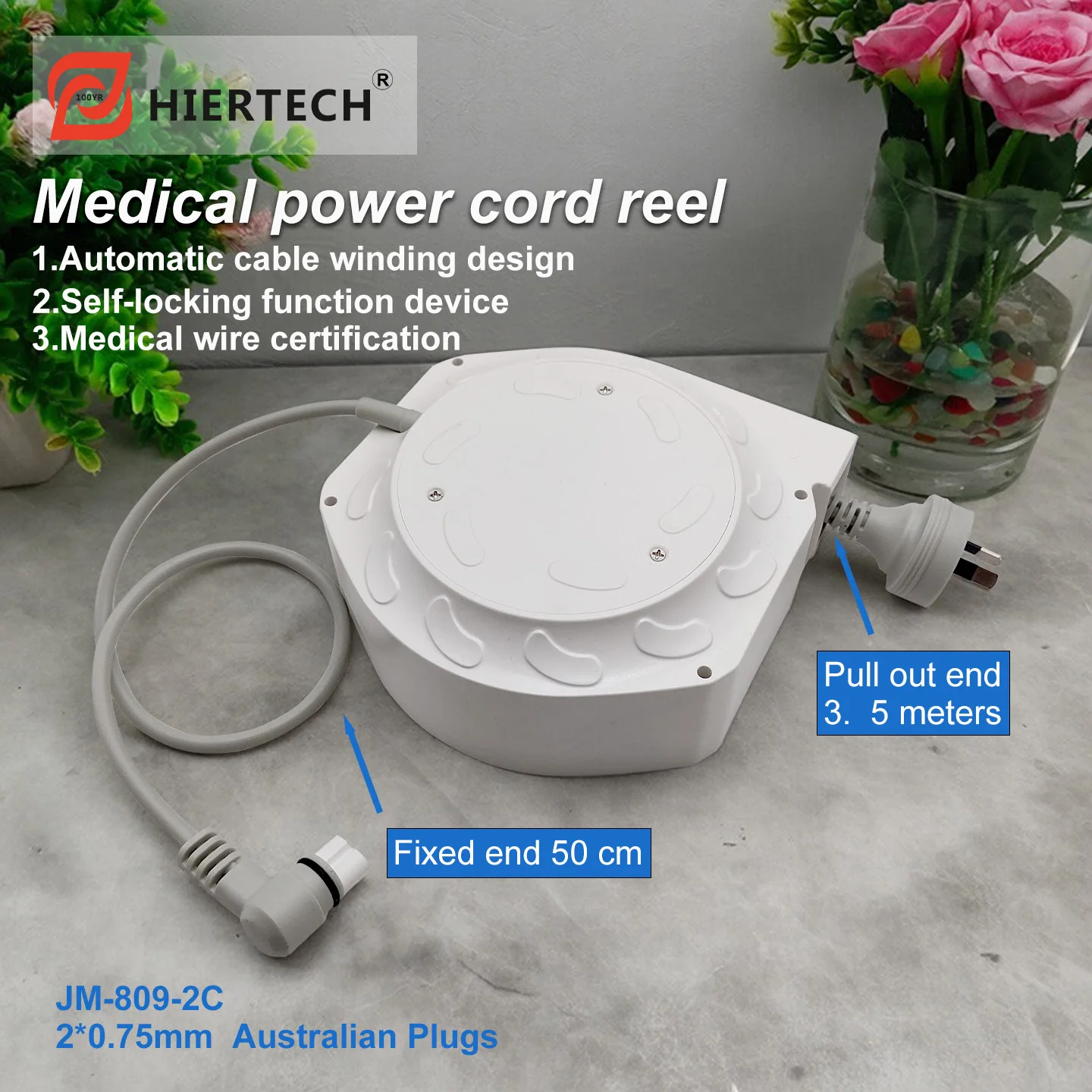 Hiertech 3.7m Core Power Cord Reel with Australian Plug, Automatic Retractable Cord with Self-Locking Function, Factory Direct Sale